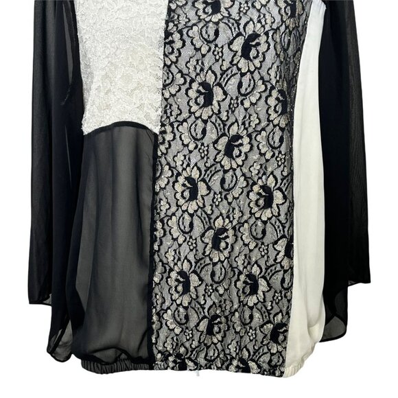 Style & Co Black White Lace Patchwork Blouse 0X Sheer Long Sleeve - Picture 3 of 10